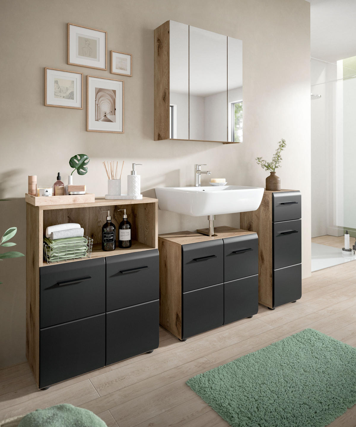 BADMÖBEL-SET 4-teilig schwarz matt, Eiche Nox, Badezimmer mit viel Stauraum, 180 x 185 cm - Eichefarben/Schwarz, Glas/Holzwerkstoff (180/185/30cm) - Inn.Furn