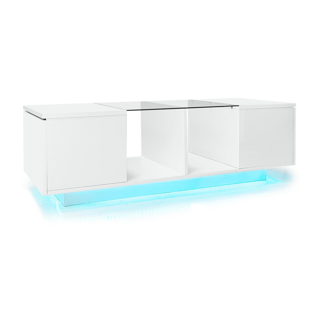 COUCHTISCH aus MDF, Glas und Spanplatte 120x50x38,5 cm Weiß mit LED-Beleuchtung, Glasplatte und Stauraum - Weiß, Holzwerkstoff (120/50/38.5cm) - Modfu