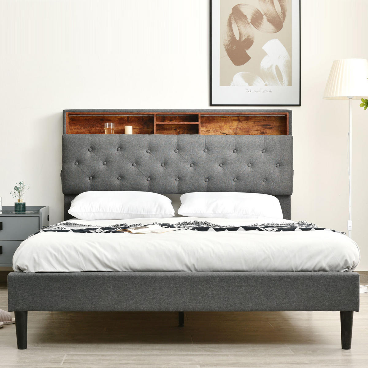 POLSTERBETT 140/200 cm Grau mit Stauraum-Kopfteil und LED-Beleuchtung Mit Matratze - Dunkelgrau, Holz (140/200cm) - OKWISH