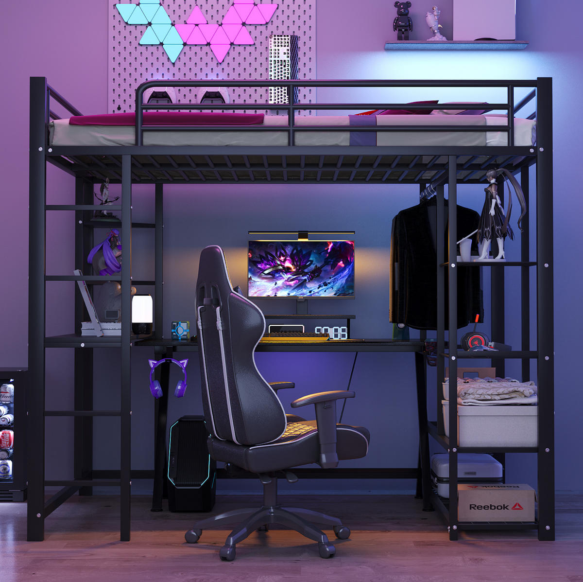 HOCHBETT 90/200 cm Schwarz aus MDF und Metall mit Schreibtisch - Schwarz, Metall (90/200cm) - OKMYHOME