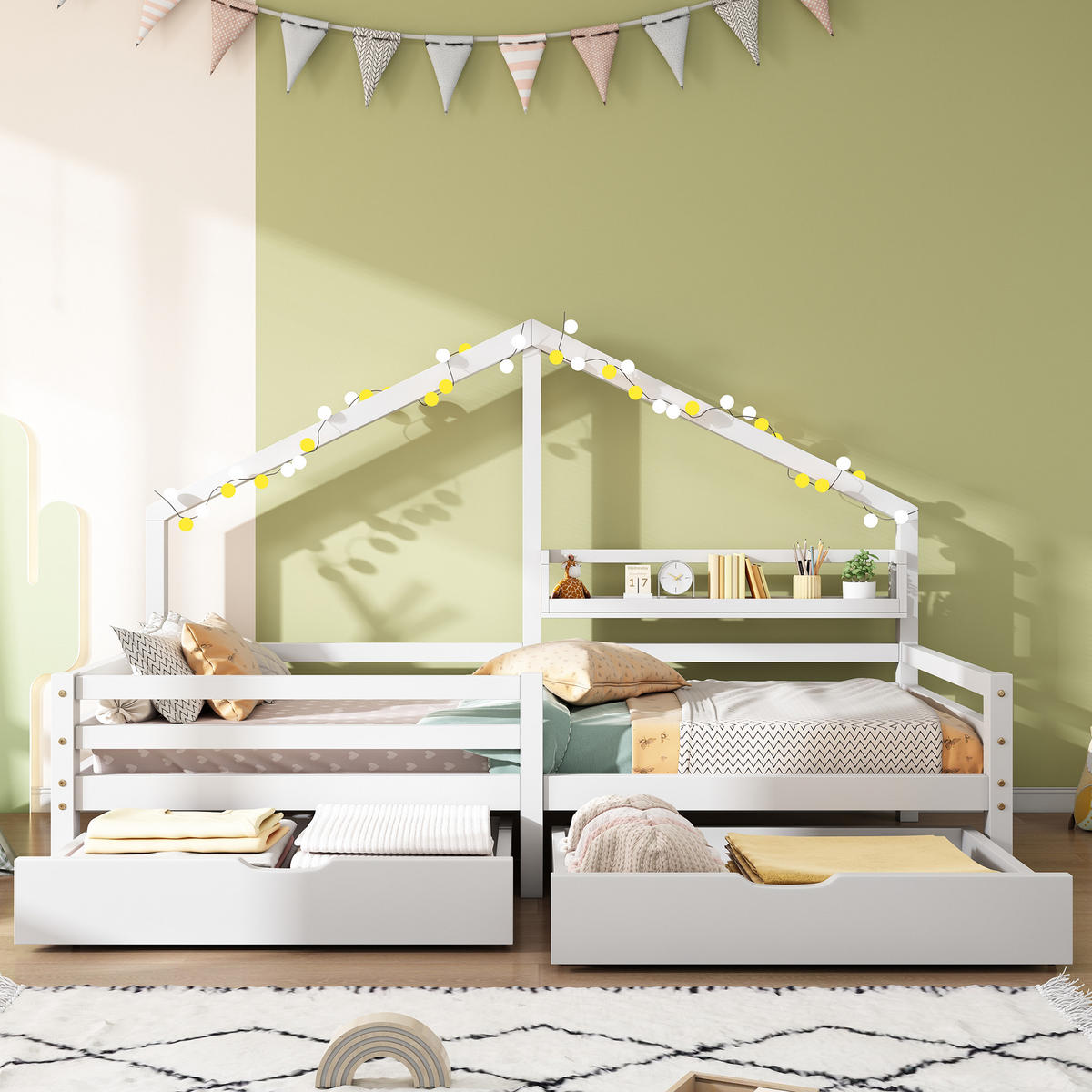 HAUSBETT 90/200 cm Weiß mit Schubladen aus Kiefernholz - Weiß, Holzwerkstoff (90/200cm) - OKWISH