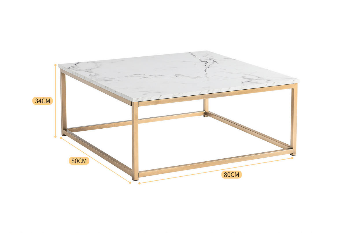 COUCHTISCH Marmor-Optik Metallgestell Weiß Gold - Hellgelb/Weiß, Metall (80/80/34cm) - Meubles Cosy