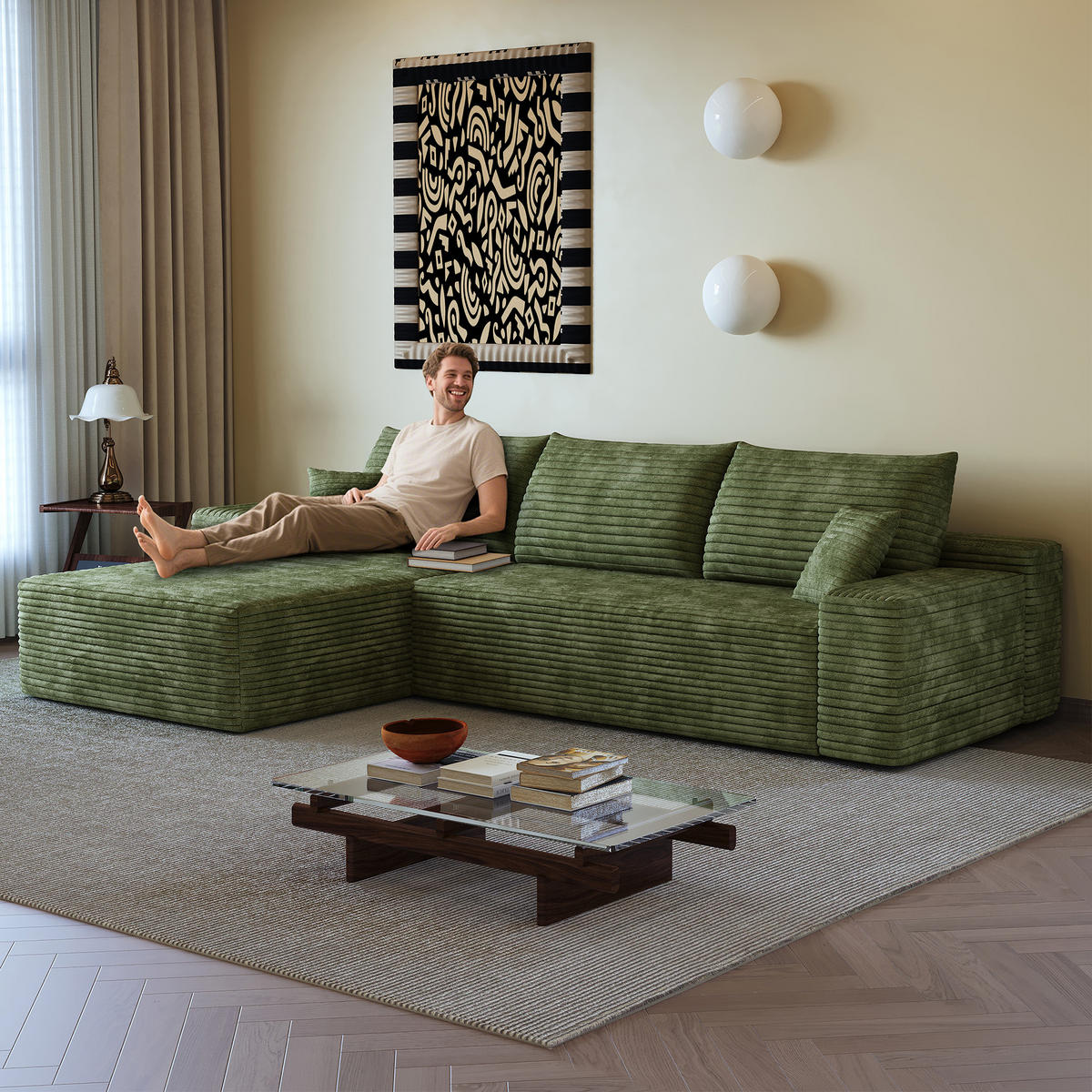 L-FÖRMIGES ECKSOFA Grün 270/175/83 cm 3-Sitzer Modular Cordstoff Ohne Montage - Grün, Textil (270/175cm) - PANGIVO