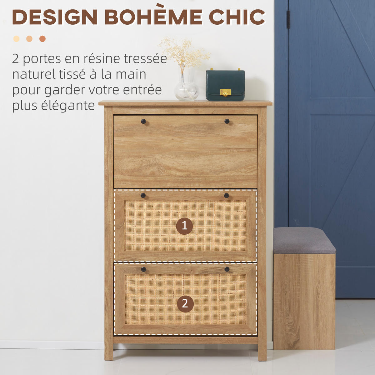 SCHUHSCHRANK DE-14986 3 Klapptüren mit Rattan-Optik Naturholz - Naturfarben, Holzwerkstoff (80/121.5/23.5cm) - ComfortXL