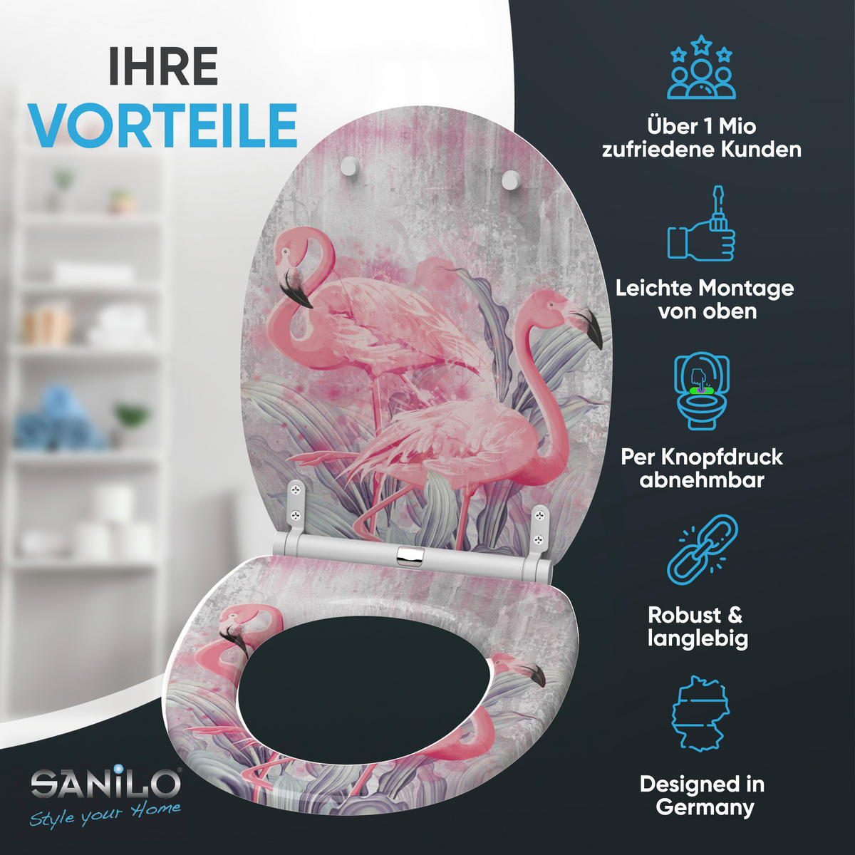 WC-SITZ mit Absenkautomatik & Top Fix Flamingo 2 - Pink, Holzwerkstoff (37.7/5.5/48cm) - Sanilo