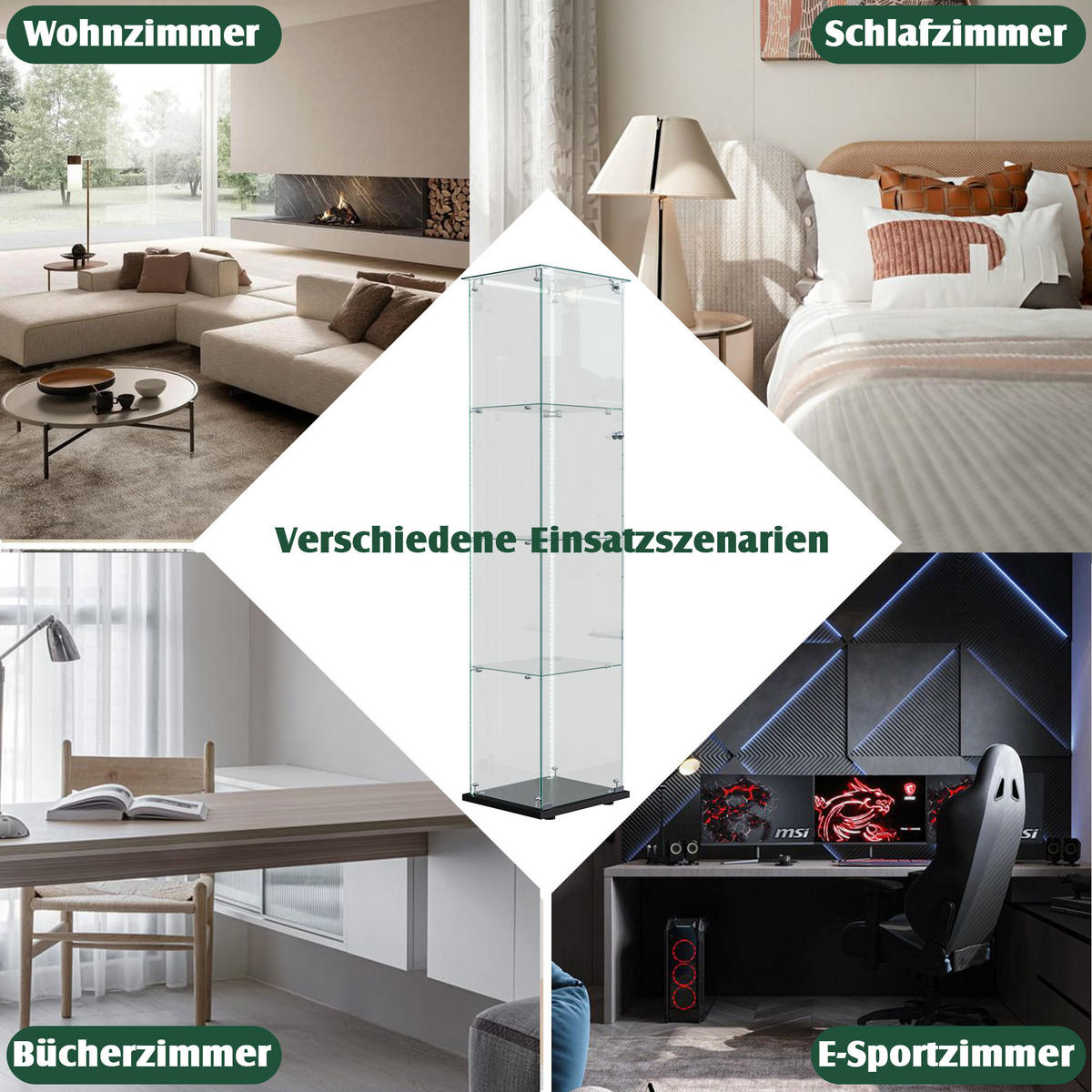 GLASVITRINE mit 4 Ablagen, LED-Lichtleiste, Doppeltüren, Schwarz - Schwarz, Glas (39.8/163/35cm) - BRILVERDE