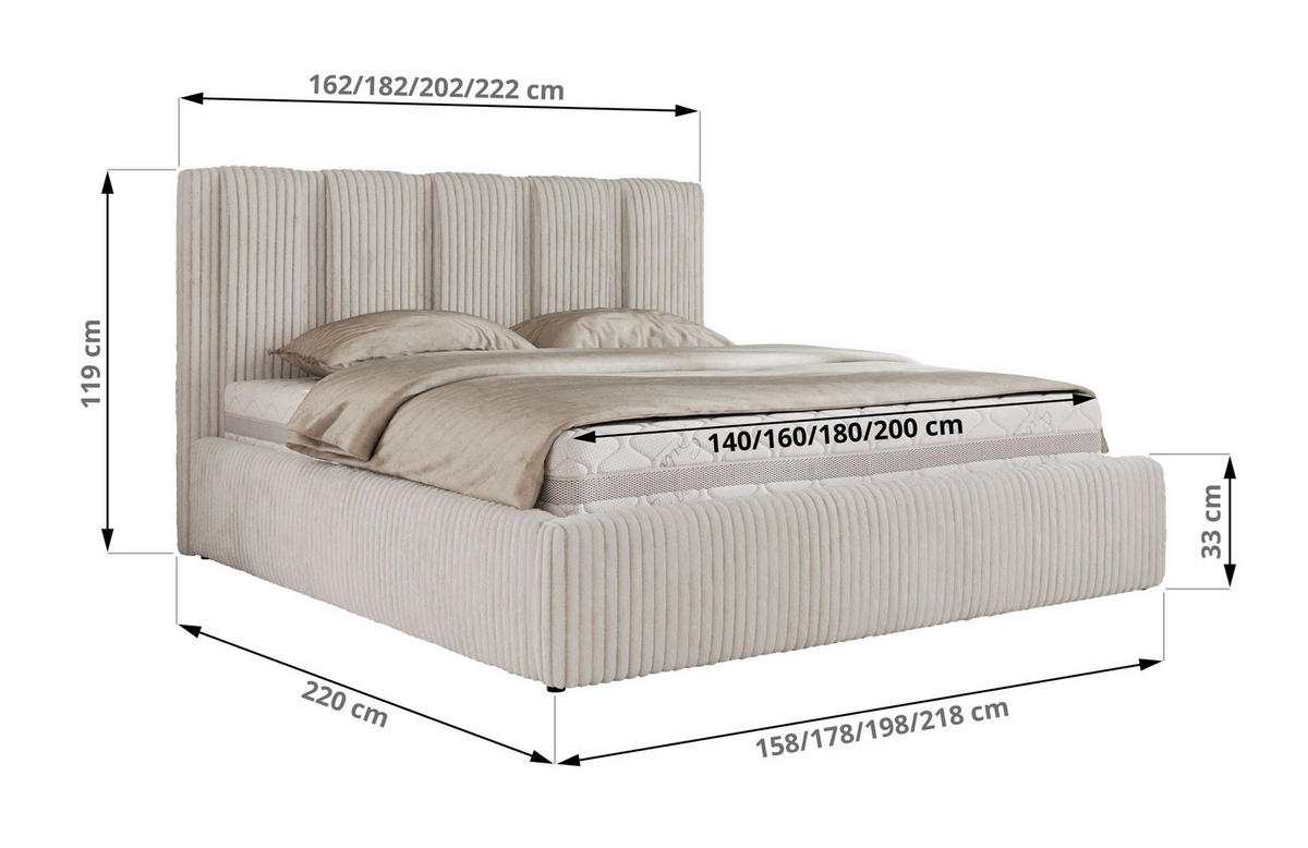 POLSTERBETT SAVINO CLASSIC 160/200 - Beige Cord - ohne Matratze - Beige, Textil (160/200cm) - MKS