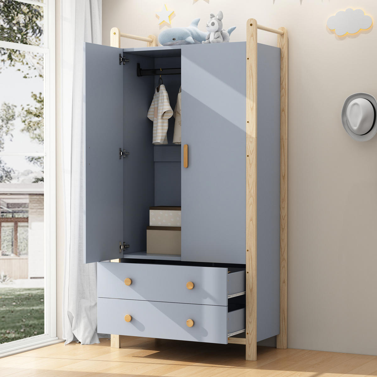 KLEIDERSCHRANK 89,6/44/180,5 cm mit 2 Drehtüren und 2 Schubladen in Blau - Blau, Holzwerkstoff (89.6/180.5/44cm) - BEAOK