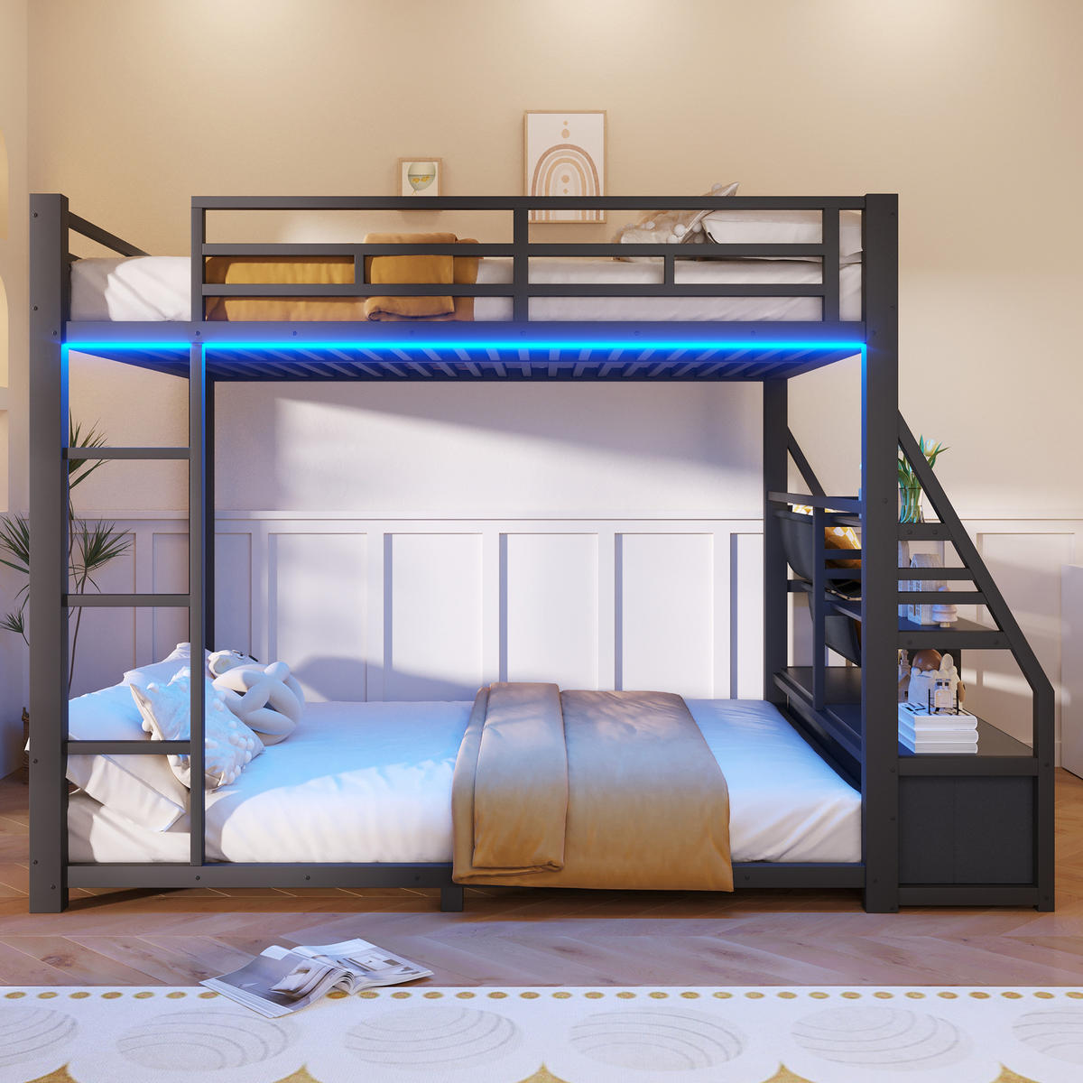ETAGENBETT 140/200 cm in Schwarz mit LED, Ablagen und 2 Stoffschubladen - Schwarz, Holzwerkstoff/Metall (140/200cm) - WISHDOR