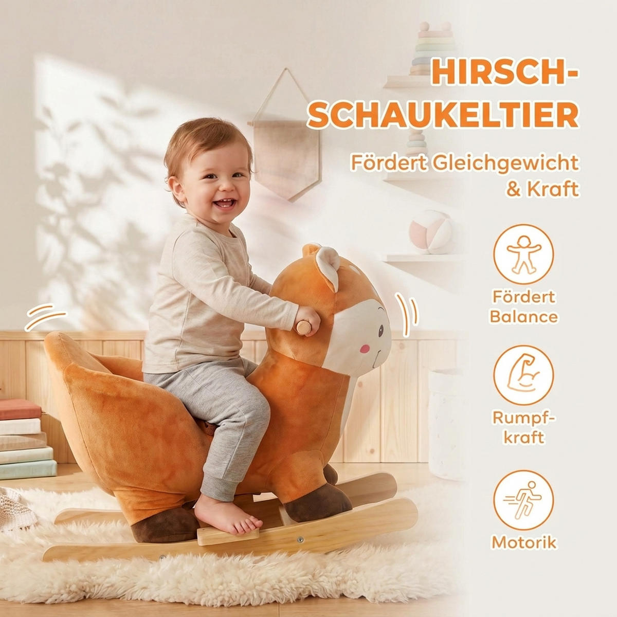 KINDER-SCHAUKELPFERD Holz Plüsch PP-Baumwolle Braun - Braun, Holz (32/49/60cm) - AIYAPLAY