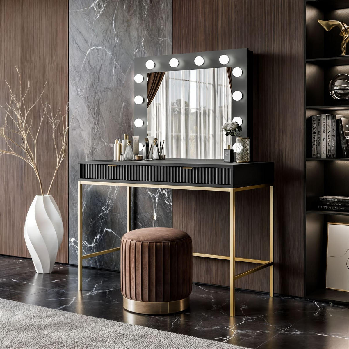 SCHMINKTISCH MIT SPIEGEL CORTADO GOLD T104 SCHWARZ - Schwarz, Holzwerkstoff (104/78/50cm) - Lookway