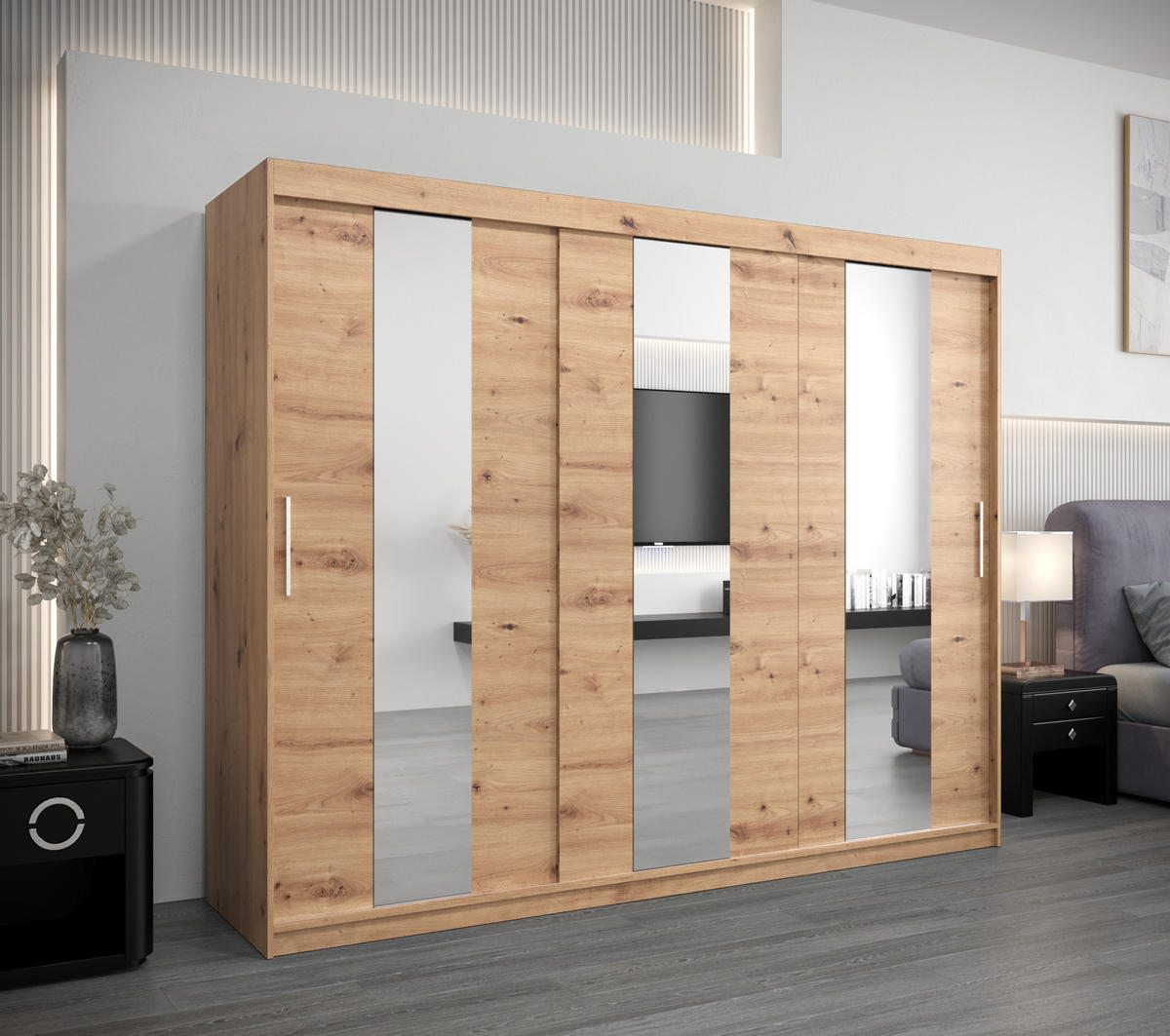 SCHWEBETÜRENSCHRANK 200/250/62 3-türig - Silberfarben/Eiche Artisan, Holz/Kunststoff (250/200/62cm) - MÖBEL KRYSPOL