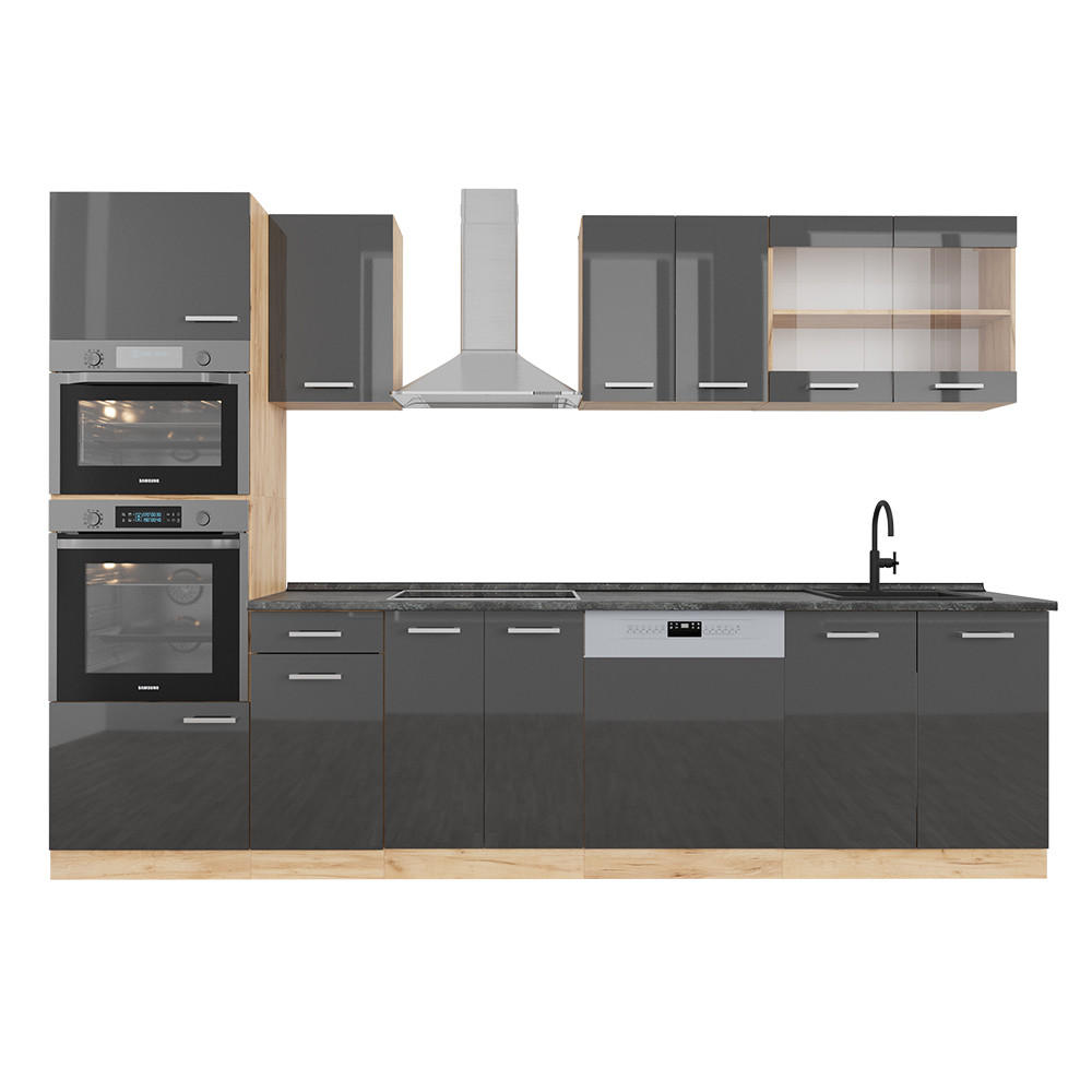 KÜCHENZEILE R-Line Anthrazit Hochglanz/Goldkraft Eiche 300 cm AP Anthrazit - Honigeiche/Anthrazit, Holzwerkstoff (300/81.6/60cm) - Vicco