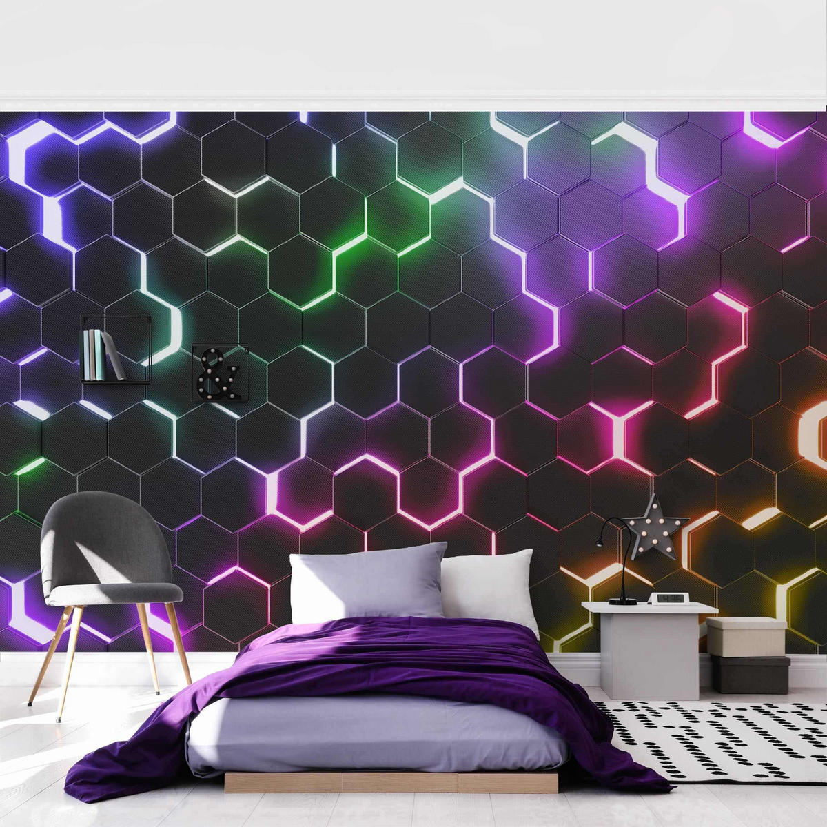 FOTOTAPETE Strukturierte Hexagone mit Neonlicht 336/225 cm - Multicolor, Papier (336/225cm) - Bilderwelten