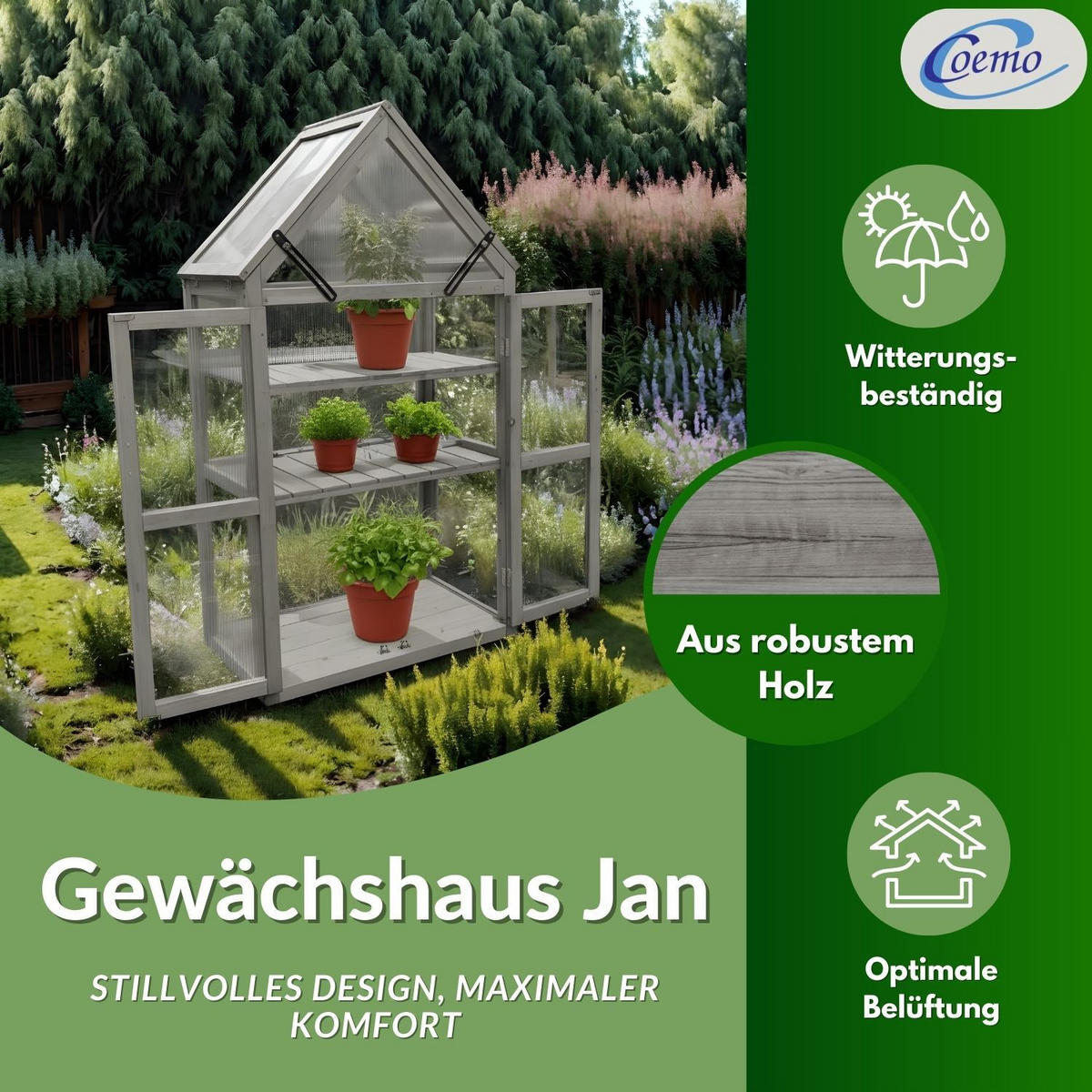 GEWÄCHSHAUS JAN Holz Farbe Grau 73/41/132 cm - Grau, Holz (40/132/70cm) - Coemo