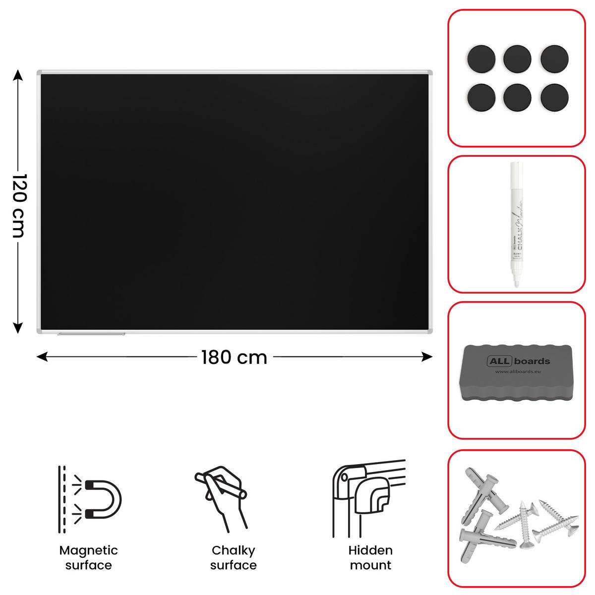SCHWARZE magnetische Kreidetafel mit Alurahmen Premium EXPO 180x120cm - Schwarz, Metall (180/120/1.6cm) - ALLboards