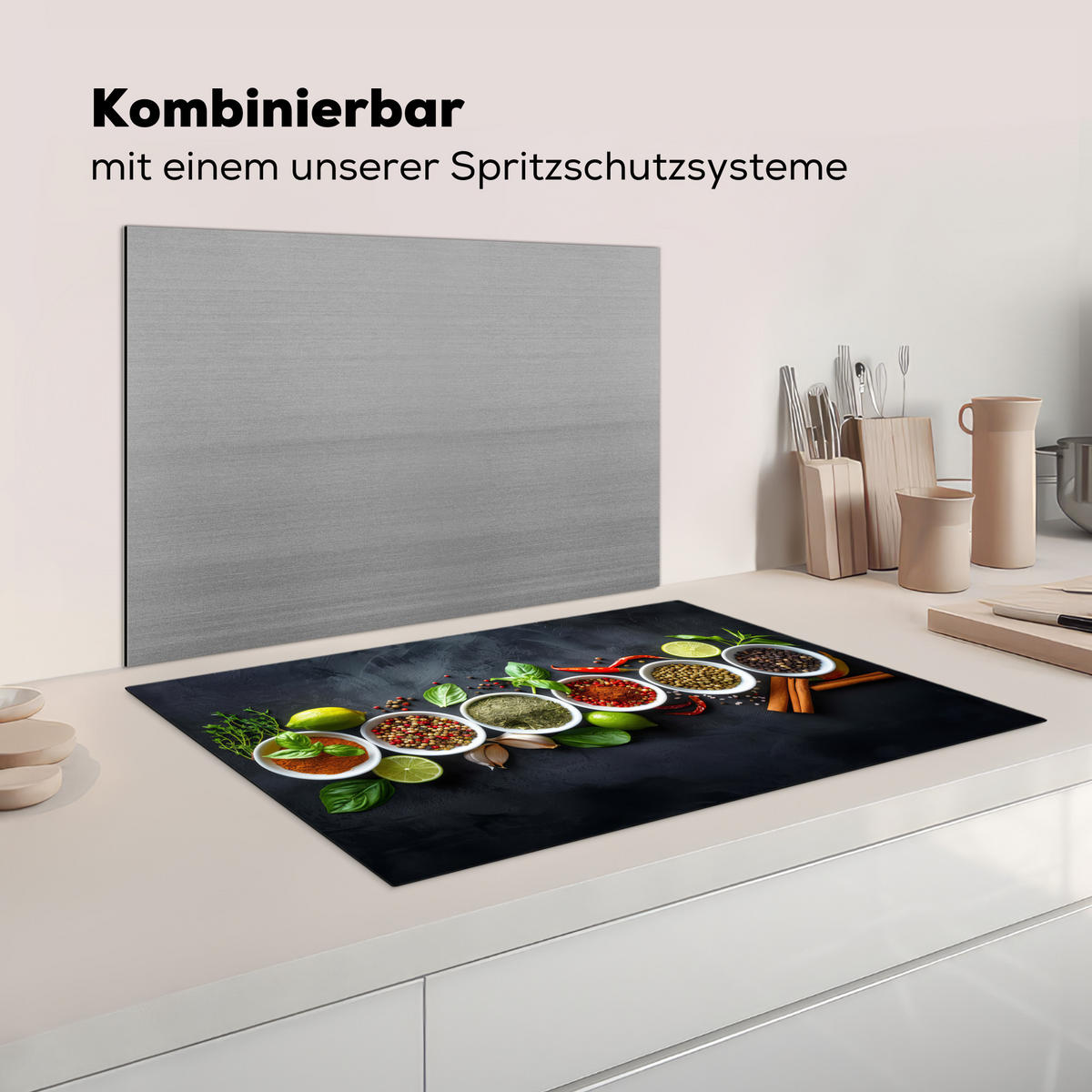 HERDABDECKPLATTE Kräuter - Gewürze - Konkrete Optik - Stilleben Ceranfeldabdeckung 80x52 cm - Multicolor, Kunststoff (80/52/0.2cm) - MuchoWow