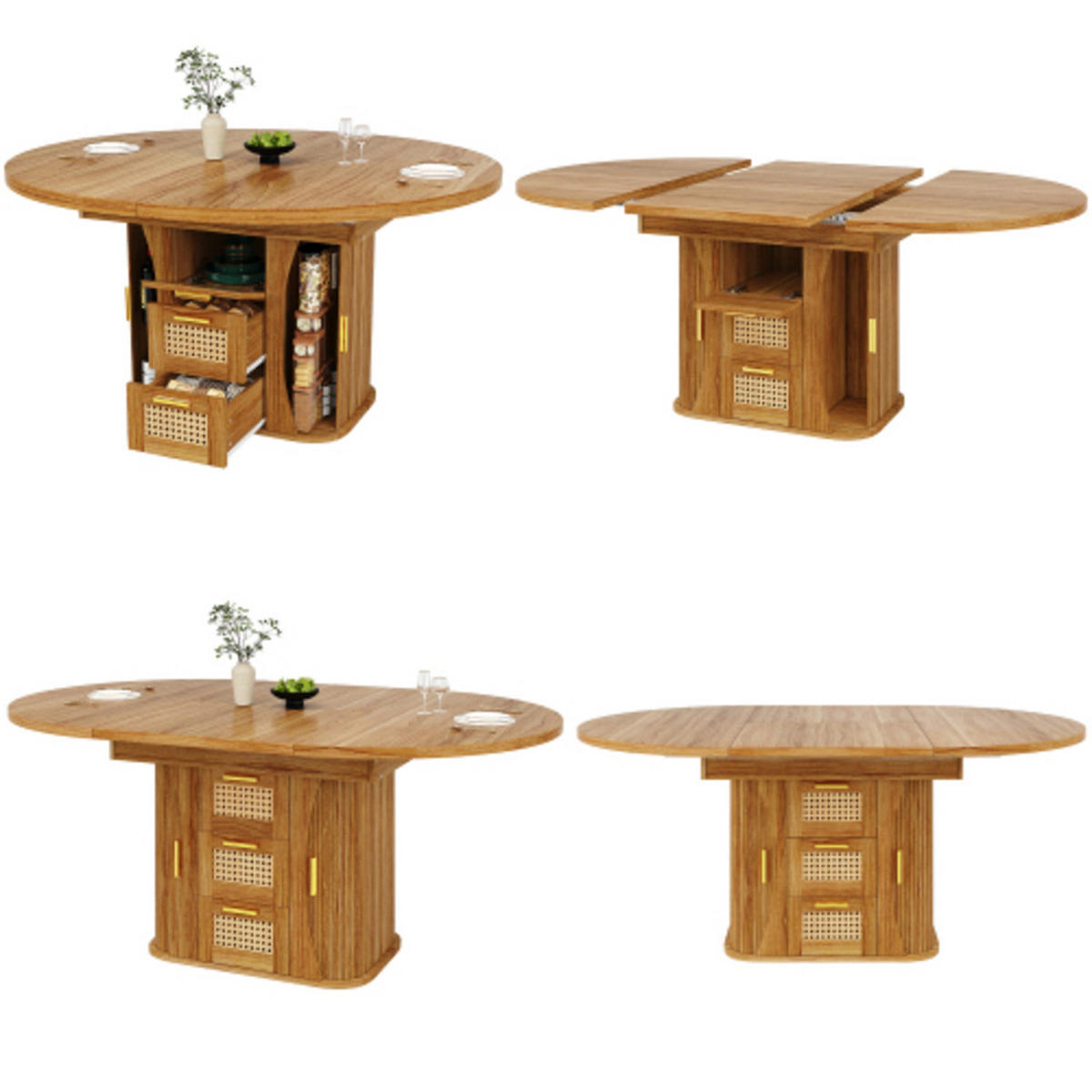 ESSTISCH Ausziehbarer 118-158×118×77,1 cm aus MDF und Metall mit Rattan-Schubladen, eichefarben - Eichefarben, Holzwerkstoff (158/118/77.1cm) - Luhomfu