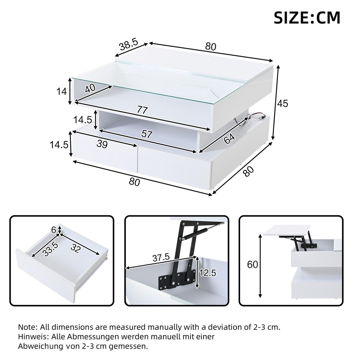 COUCHTISCH, hydraulisch höhenverstellbar, Hochglanz Weiß mit LED & Stauraum, 80/80/45 cm,Weiß - Weiß, Holzwerkstoff (80/80/45cm) - Redom