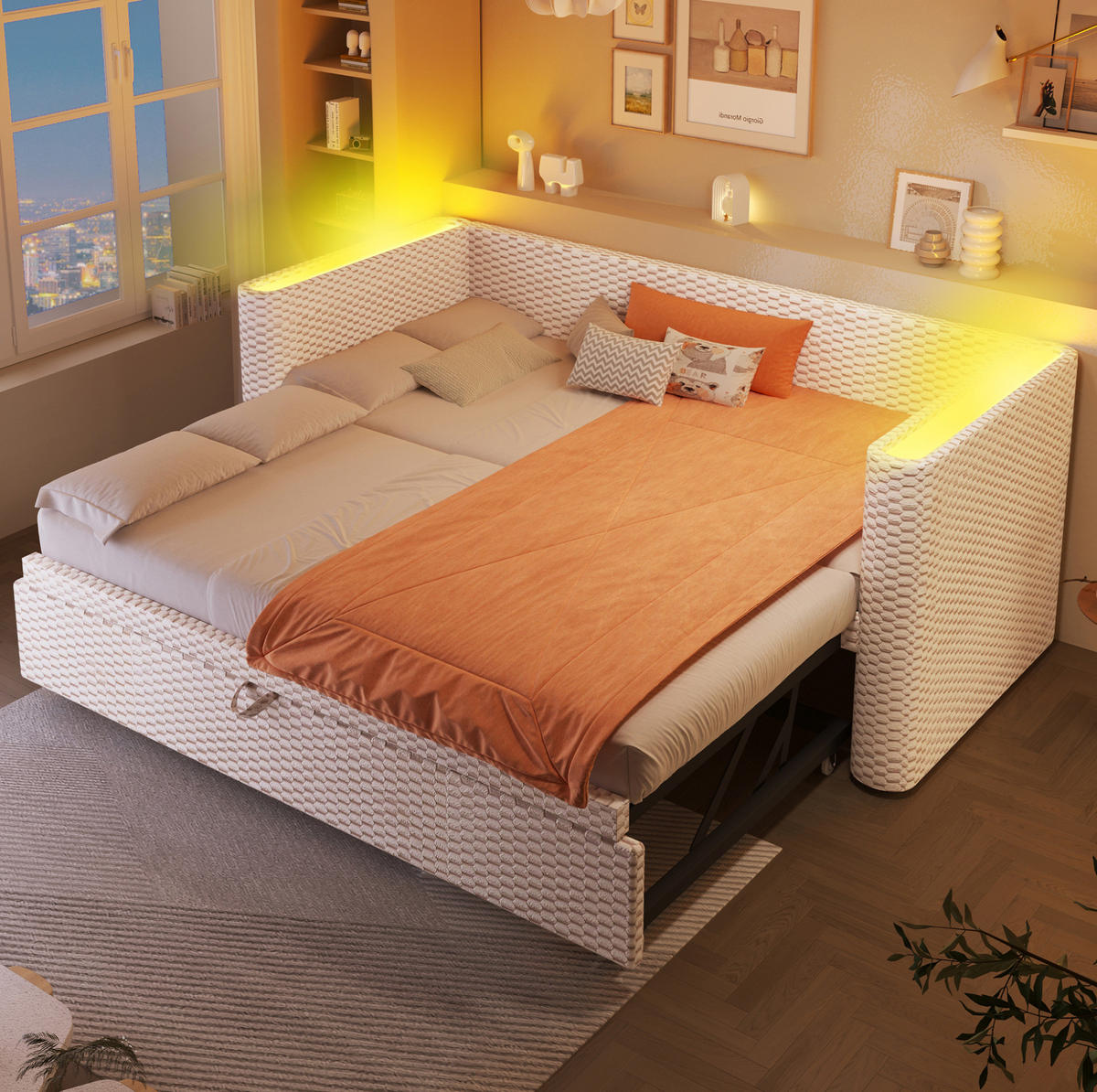 ROZKLÁDACÍ postel 90/200 cm béžová z sametu s LED osvětlením a funkcí lůžka 180/200 cm - béžová, textil (90/200cm) - OKWISH