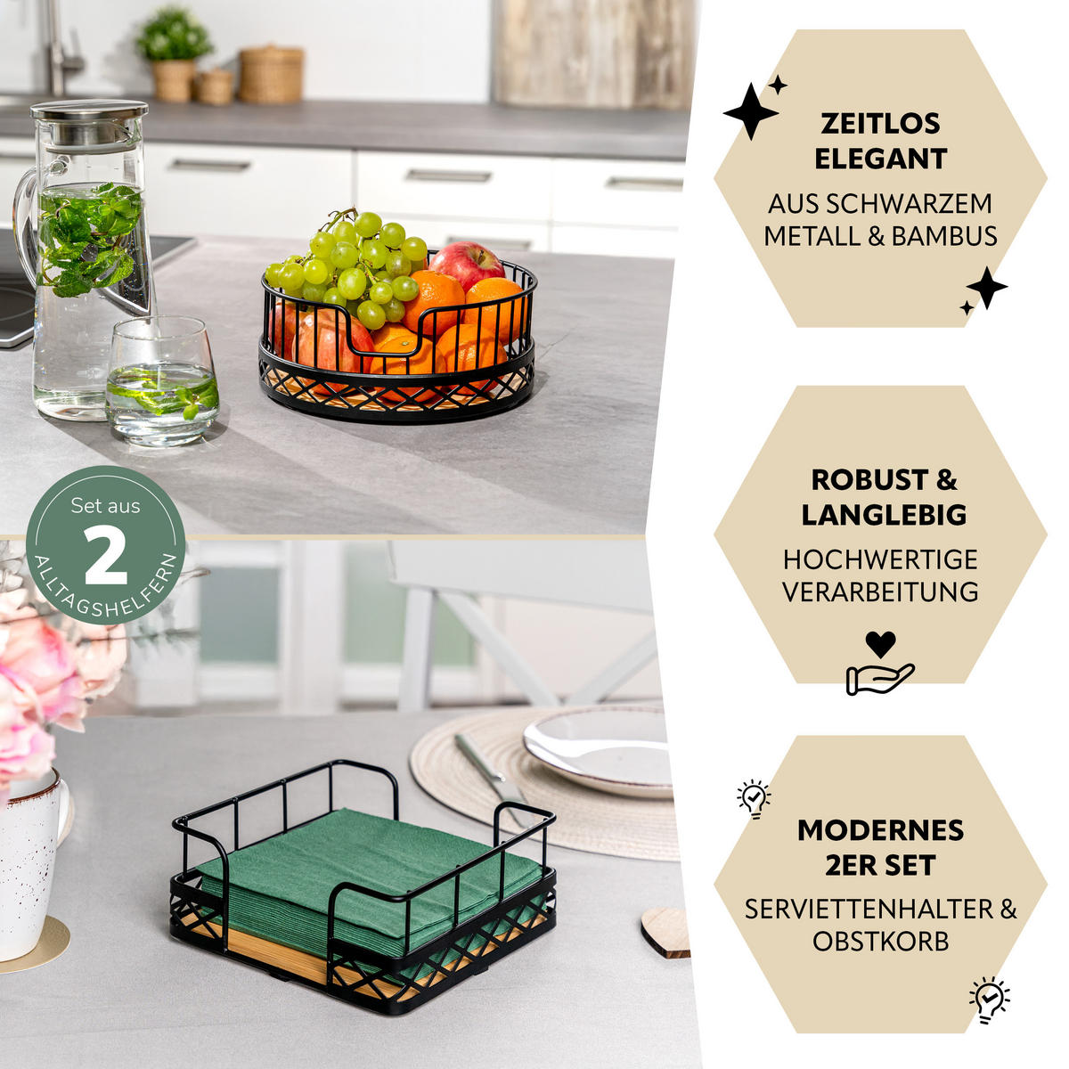 OBSTKORB mit Serviettenhalter, Bambus, Metall, schwarz - Schwarz, Metall (24/9.5cm) - bremermann
