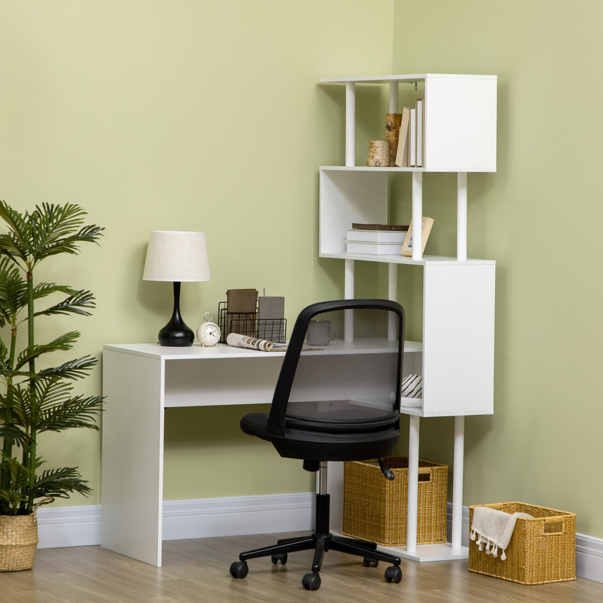 ECKSCHREIBTISCH Weiß in L-Form mit 4-stufigem Regal 120/80/176 cm - Weiß, Holzwerkstoff (80/120/176cm) - PANGIVO