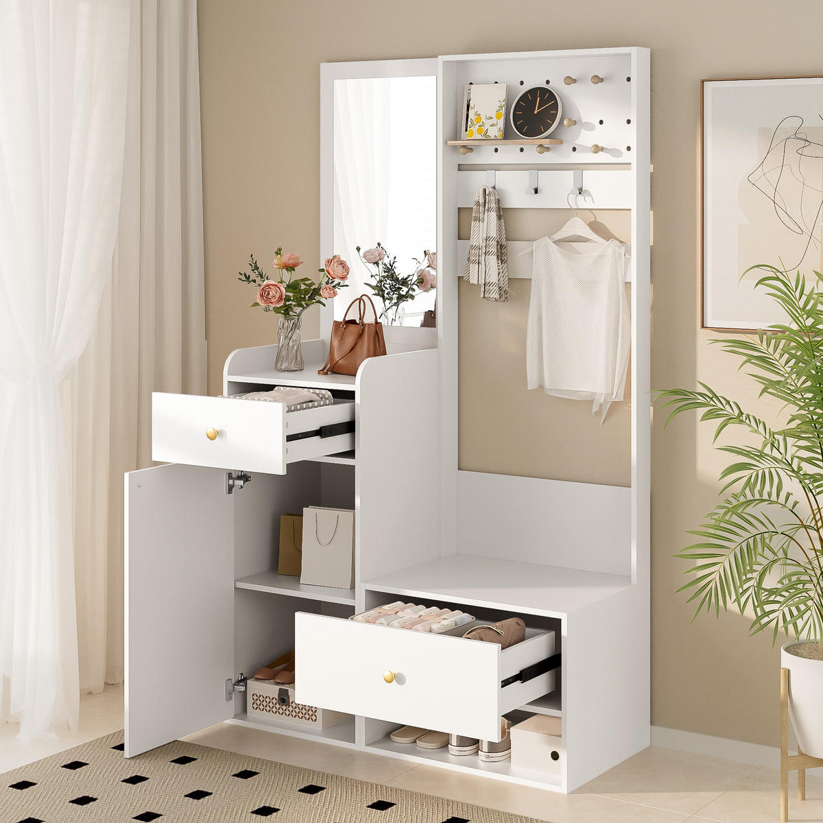 GARDEROBE 105 cm Spiegel Haken Stauraum - Weiß, Holzwerkstoff (105/180/38cm) - LEBENLANG