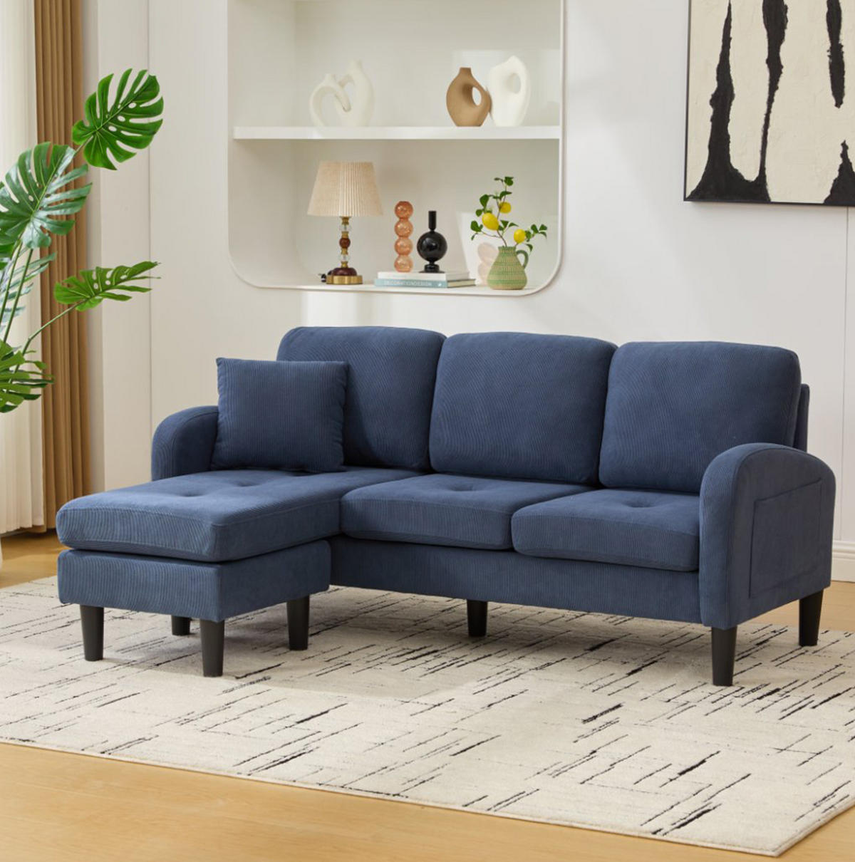 SOFA modular mit Chaiselongue 166 x 118 x 77 cm Cord Blue - Blau, Holz (118/166cm) - Meubliv