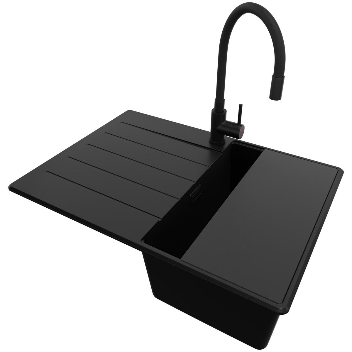 GRANITSPÜLE Kopenhagen, 2-er set Alles Schwarz 70/50 cm 1 Becken + Küchenarmatur 40/38 cm + Ablauf-Set + Schneidebrett ab 40er Unterschrank - Schwarz, Kunststoff (70/20/50cm) - Primagran