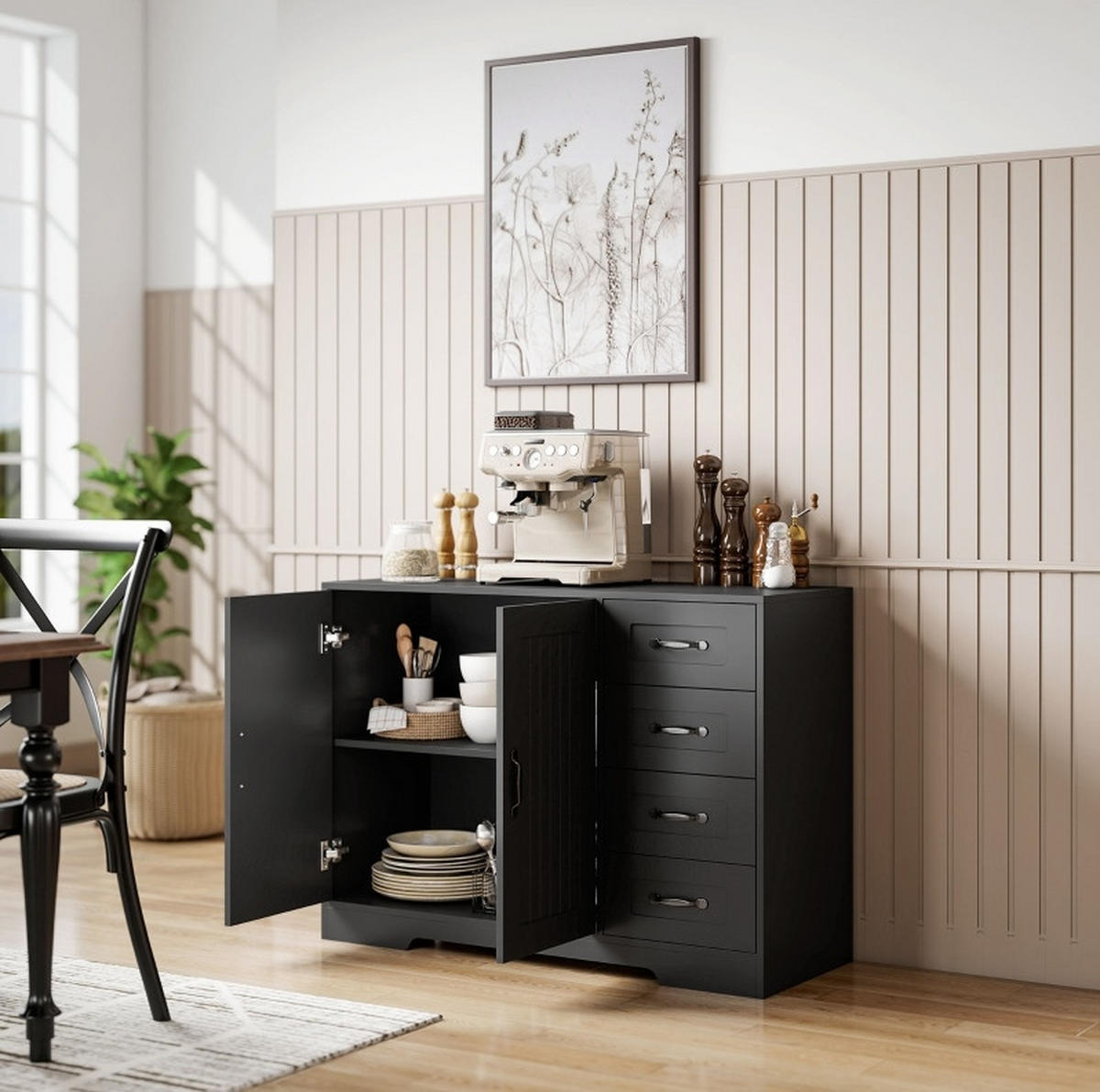 SIDEBOARD 105/40/76 cm aus Holzwerkstoff mit 4 Schubladen und verstellbarem Einlegeboden Schwarz - Schwarz, Holz (105/76/40cm) - Modenvie