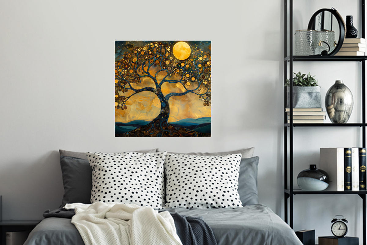 WANDTATTOO Baum - Mond - Blumen - Gold - Kunst 50x50 cm - Orange, Kunststoff (50/50/0.1cm) - MuchoWow