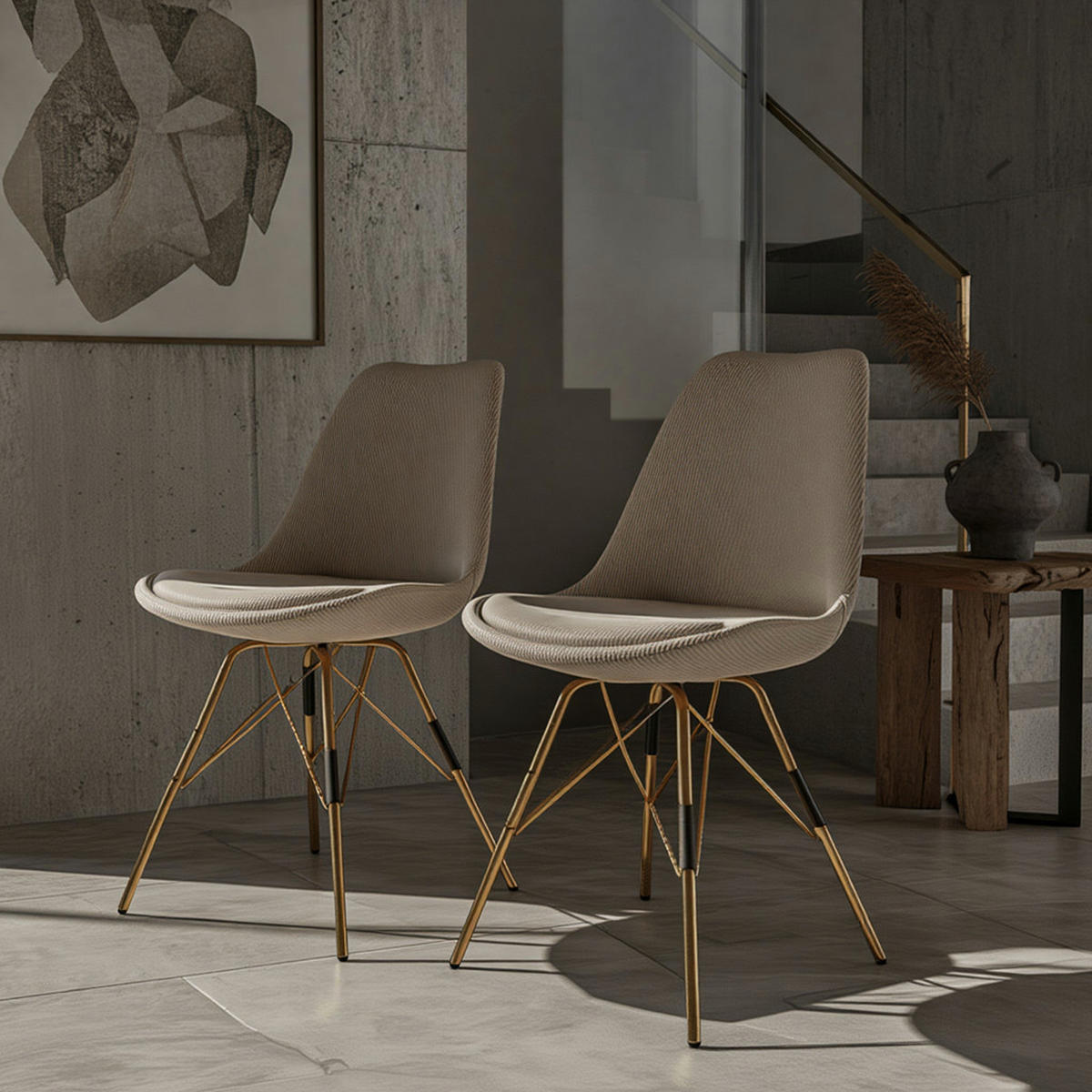 ESSZIMMERSTUHL 2er Set Cordstoff mit Metallgestell Schalenform Skandinavisch gepolstert, Beige 48x58x85 cm - Beige/Goldfarben, Textil/Metall (48/85/58cm) - KADIMA DESIGN