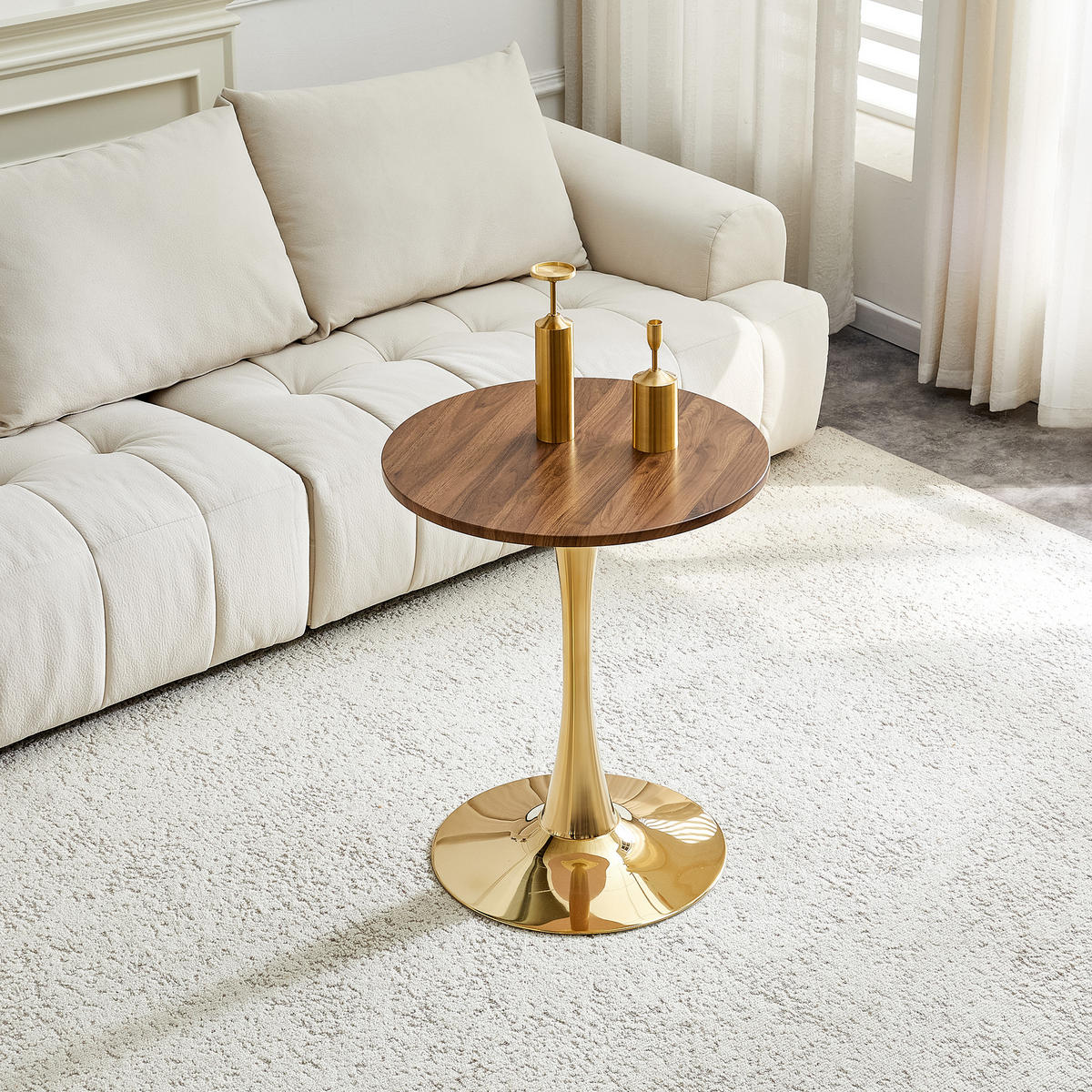 BEISTELLTISCH 60/60/72 cm goldfarben/walnuss aus MDF und Metall mit runder Tischplatte - Goldfarben, Holzwerkstoff (60/60/72cm) - OKWISH