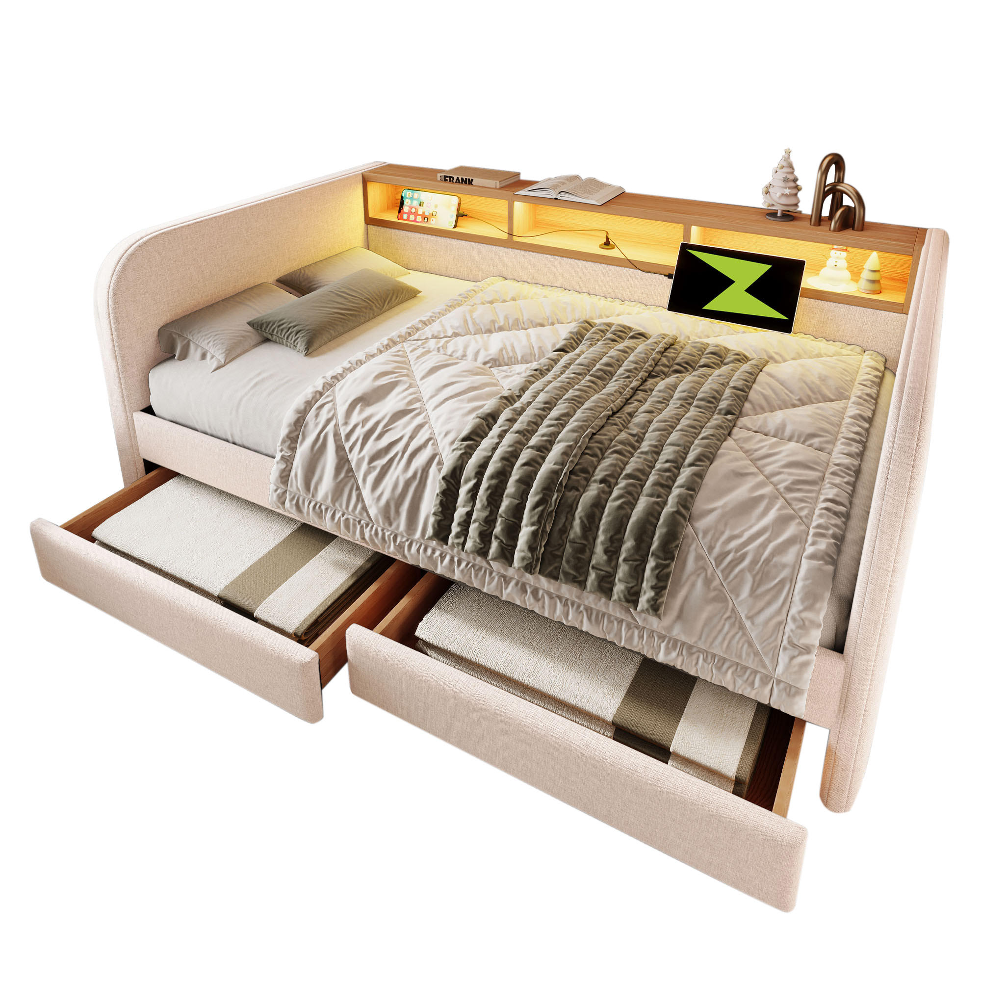 POLSTERBETT 140/190 cm in Hellbeige Leinen mit 2 Schubladen, LED und USB - Beige, Holzwerkstoff/Textil (140/190cm) - WISHDOR