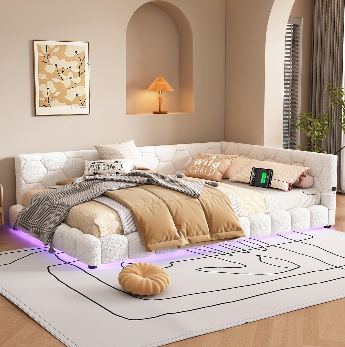 POHOVKA na spaní 140/200 cm bílá z MDF a imitace fleecu s LED osvětlením a USB - bílá, textil (140/200cm) - OKWISH