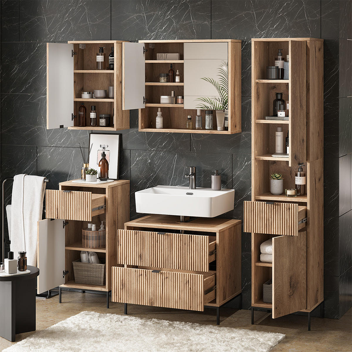 BADMÖBEL-SET Eliza Viking Oak 5 Teile - Eichefarben, Holzwerkstoff (70/63/45.1cm) - Vicco