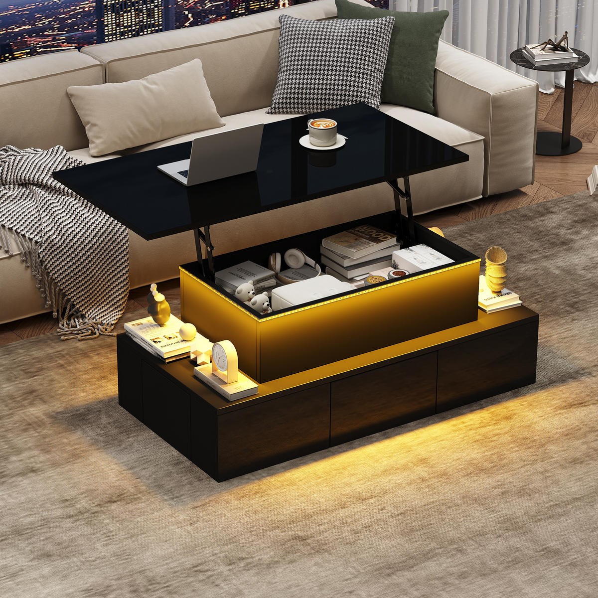 COUCHTISCH 100x50x40 cm Schwarz LED Lift 4 Schubladen Stauraum - Multicolor, Holzwerkstoff (100/50/40cm)