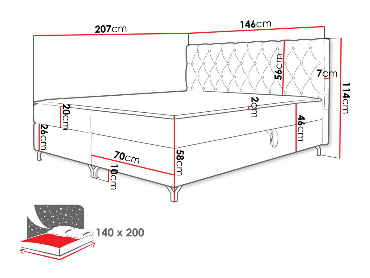 BOXBETT Chester 2 - Silberfarben/Schwarz, Holz/Textil (140/200cm) - MIRJAN24