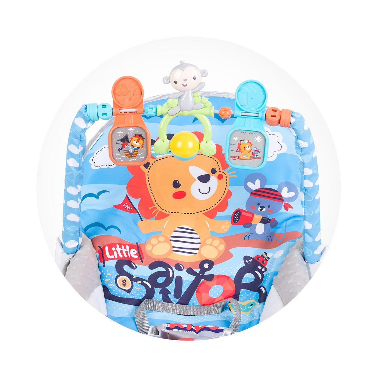 BABYWIPPE Baby Spa 2 in 1 blau Musikfunktion, Vibration, Spielbogen, 3-Punkt-Gurt, Kinderstuhl - Blau, Metall - Chipolino