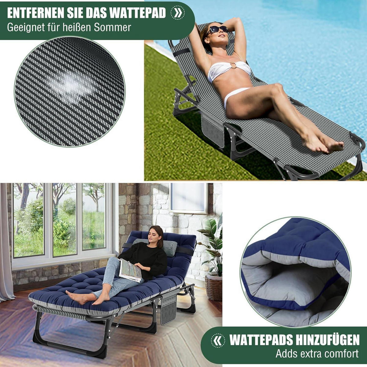 GARTENLIEGE Klappbar mit Matratze und Kopfstütze 200 kg belastbar Blau - Blau, Textil (68/30/191cm)