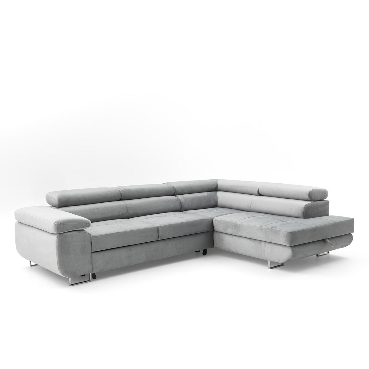 ECKSOFA WILD L Rechts mit Schlaffunktion 127x195 Velours Hellgrau - Chromfarben/Hellgrau, Holz/Textil (274/203cm) - Muffo
