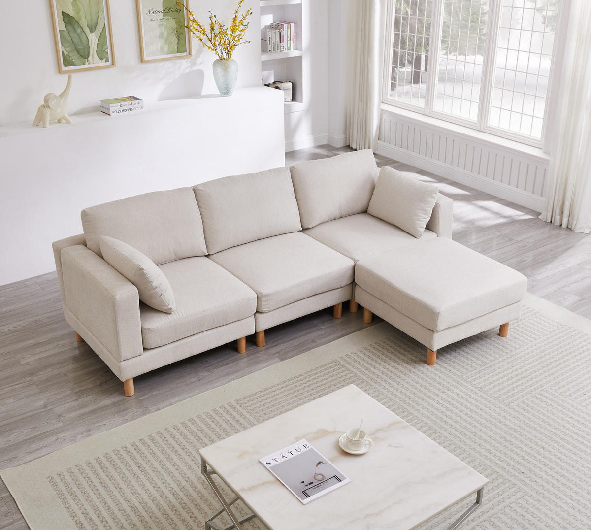 ECKSOFA 3-Sitzer Polyester Beige mit Hocker und Kissen - Beige, Holzwerkstoff/Textil (235/152cm) - WISHDOR