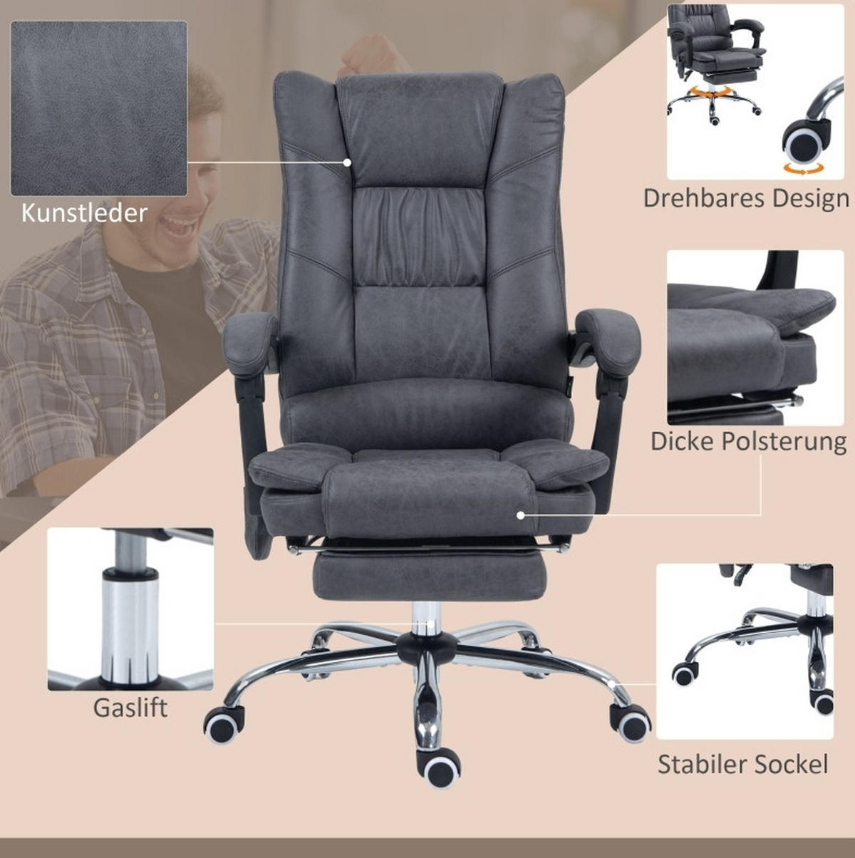 GAMINGSTUHL 64/70/110-118 cm, Massage & Wärme, 135° neigbar, höhenverstellbar, Dunkelgrau - Dunkelgrau, Kunststoff (70/118/64cm) - Redom