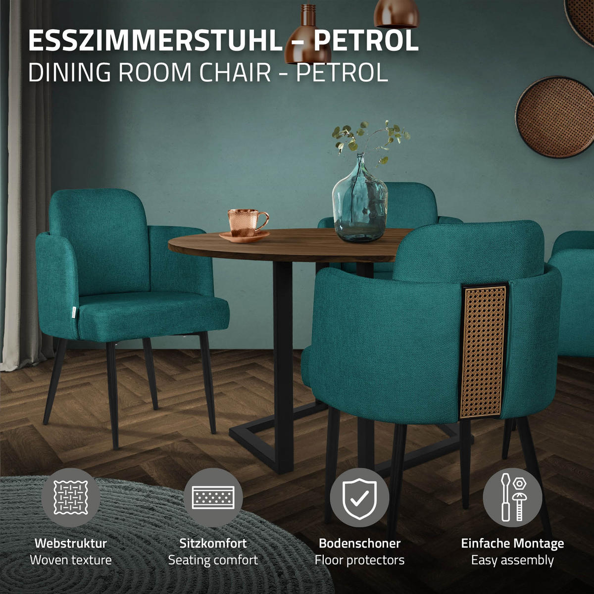 ESSZIMMERSTÜHLE 2er Set Petrol mit Stoffbezug Rattan Optik - Petrol/Schwarz, Textil/Metall (59/86/59cm) - ML-DESIGN