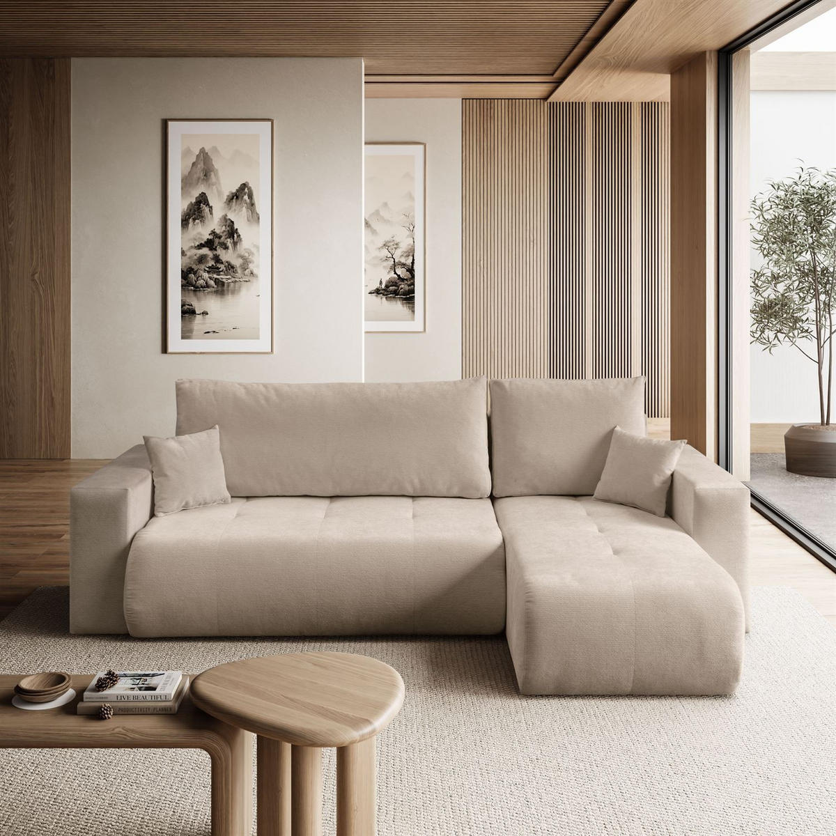 ECKSOFA CLOUD II L mit Schlaffunktion, Vibe 08 - Ecru, Textil (247/152cm) - Lookway
