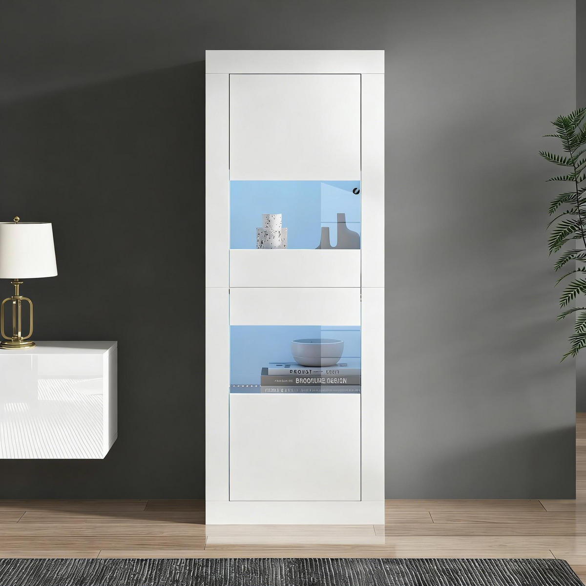 VITRINE in Weiß Highboard mit LED-Beleuchtung und Glasboden für Wohnzimmer und Schlafzimmer, B61/T42/H162 cm - Weiß, Glas/Holzwerkstoff (61/162/42cm) - STILVORA