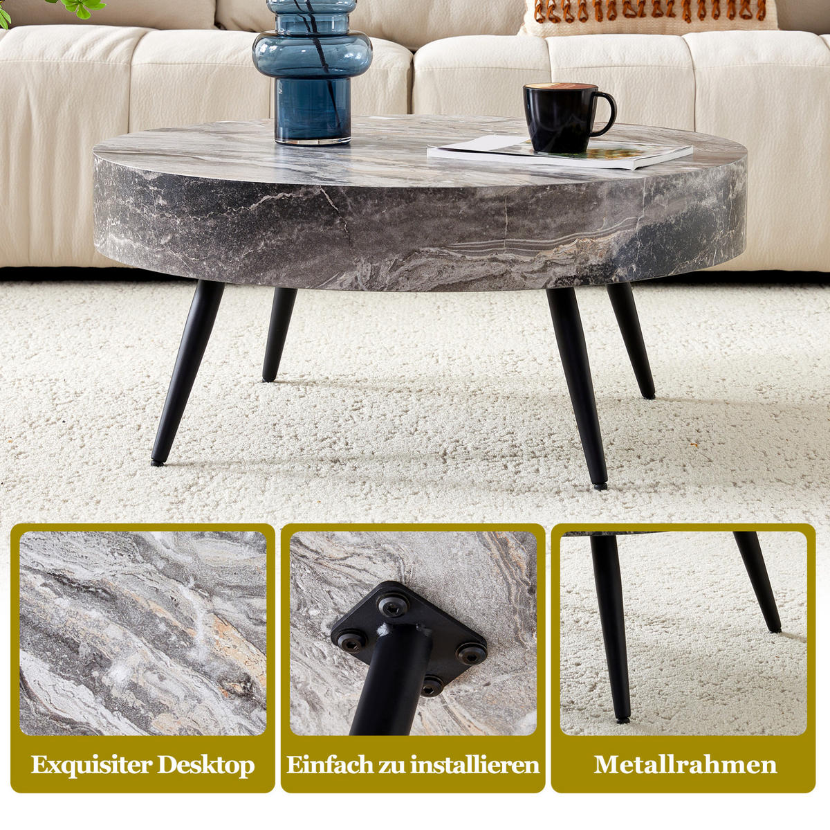 COUCHTISCH 70 cm aus Grau/Schwarz aus MDF und Metall mit verstellbaren Füßen - Schwarz, Holzwerkstoff (70/70/35.5cm) - OKMYHOME