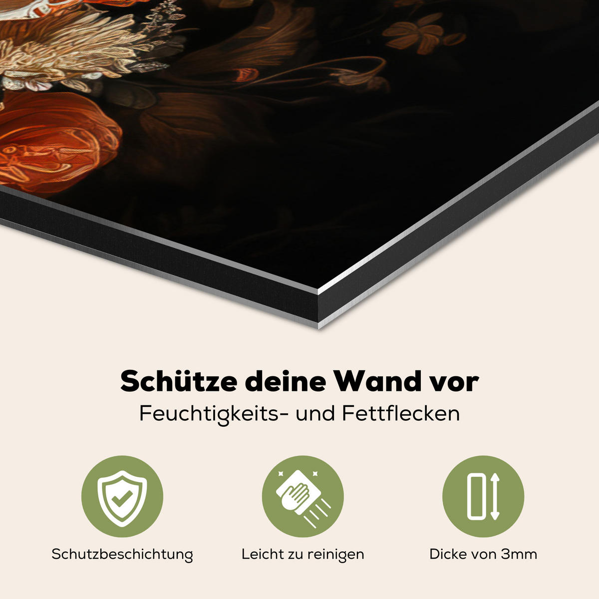 SPRITZSCHUTZ KÜCHE Hirsch - Tier - Blumen - Natur - Botanisch 80x55 cm - Kupferfarben, Metall (80/0.3/55cm) - MuchoWow