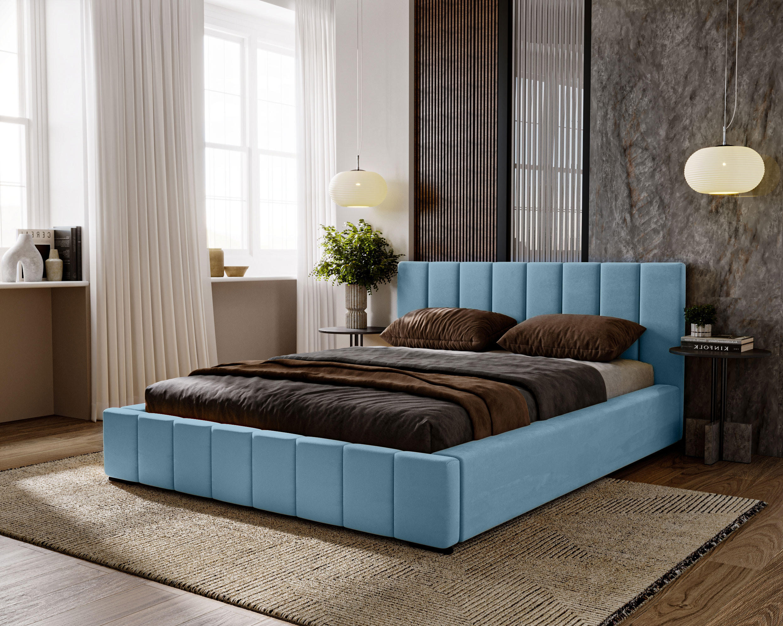 POLSTERBETT Nero 120x200 cm, Doppelbett mit Bettkasten, Lattenrost und Matratze aus Holz, Velourstoff: Hellblau - Hellblau, Holz/Kunststoff (120/200cm) - Marpur