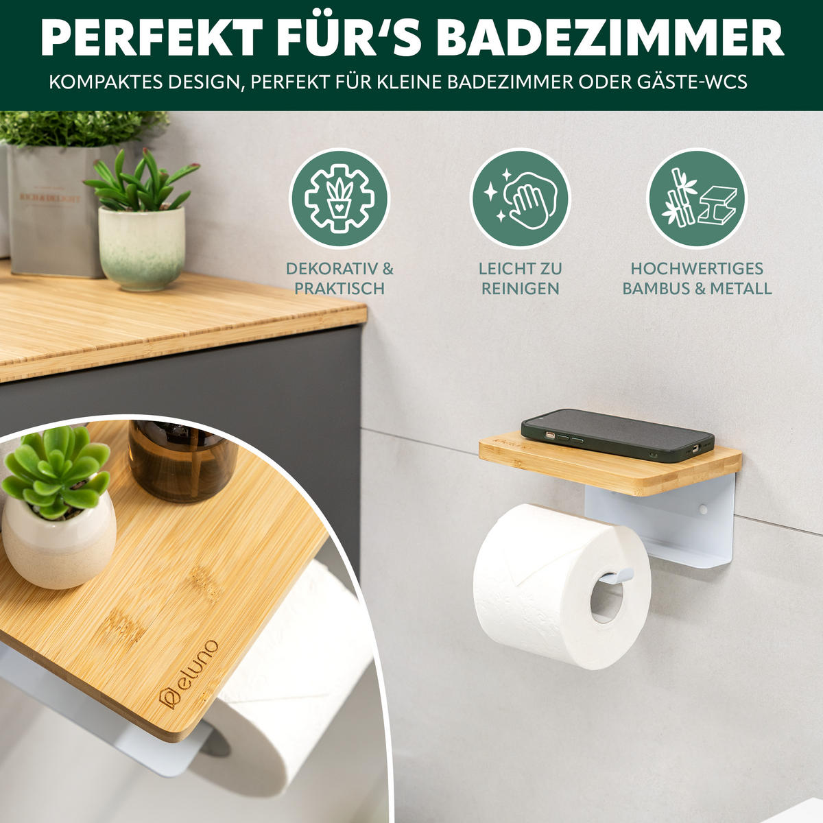 TOILETTENPAPIERHALTER VARAZ mit Ablage, Metall und Bambus - Weiß, Metall (18/9.5/13cm) - eluno